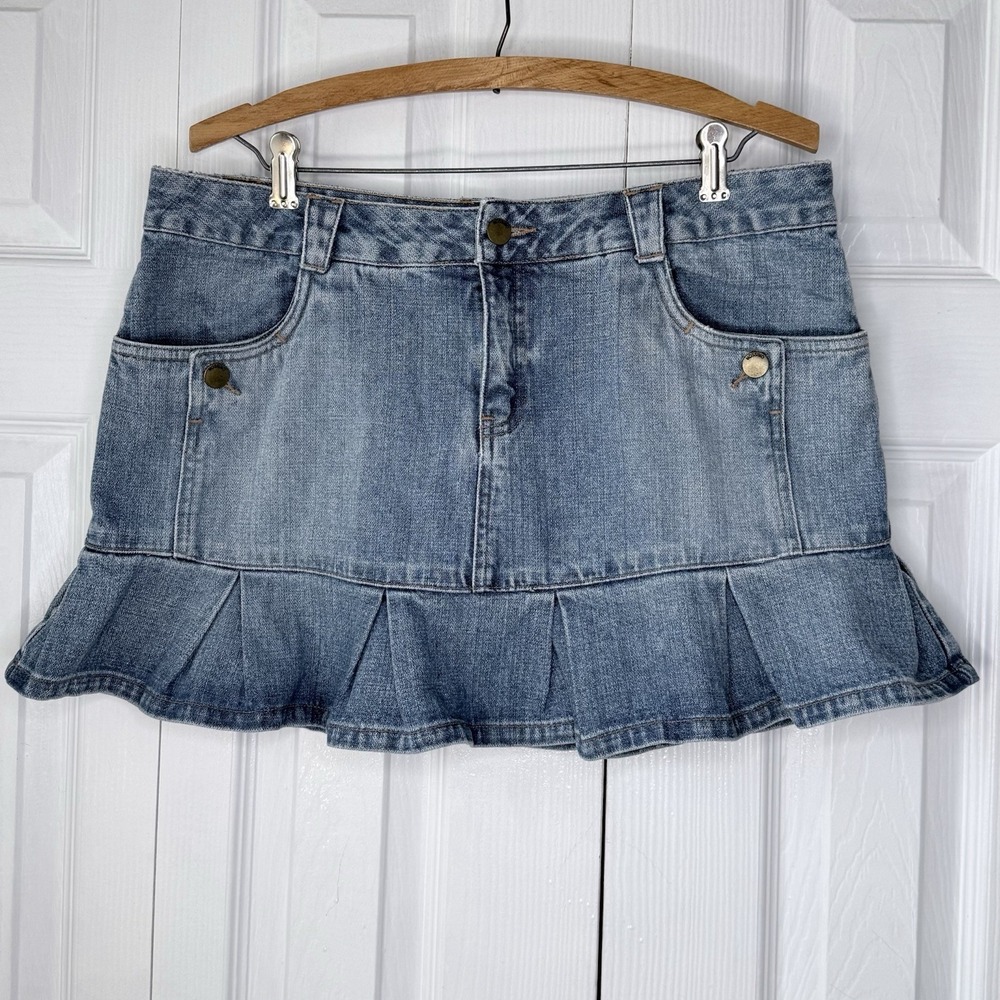 Vintage Mossimo‎ Y2K Pleated Denim Mini Skirt Low Rise Jean Ruffle Boho Size 13